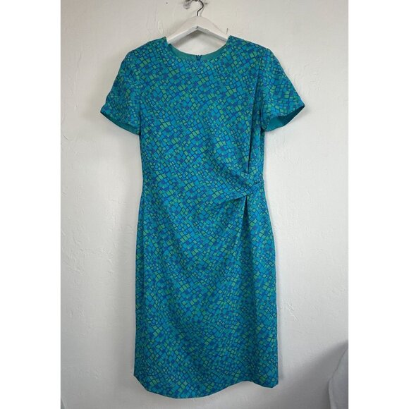 Vintage David Warren New York Womens Blue Green Geo Pattern Shift Dress Size 10 - Picture 1 of 11